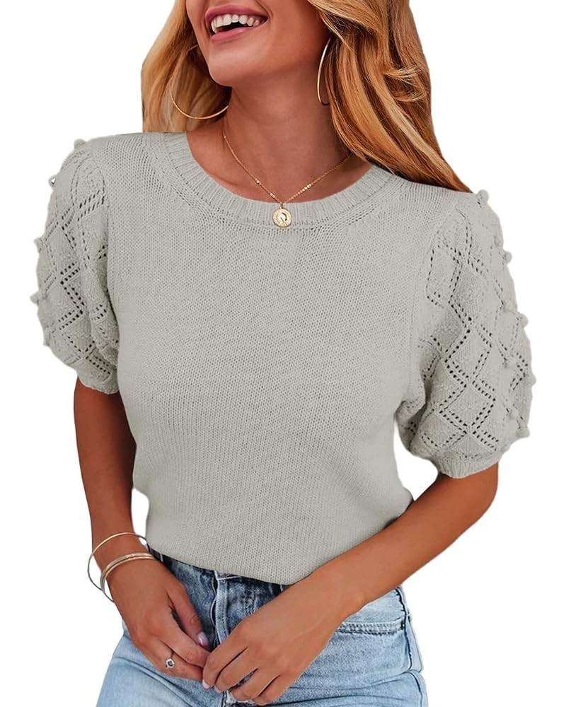 Women's Puff Short Sleeve Sweater Tops Spring Crew Neck Dot Knit Lightweight Pullover Shirt Grey $20.73 Sweaters