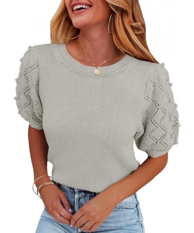 Women's Puff Short Sleeve Sweater Tops Spring Crew Neck Dot Knit Lightweight Pullover Shirt Grey $20.73 Sweaters