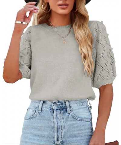 Women's Puff Short Sleeve Sweater Tops Spring Crew Neck Dot Knit Lightweight Pullover Shirt Grey $20.73 Sweaters