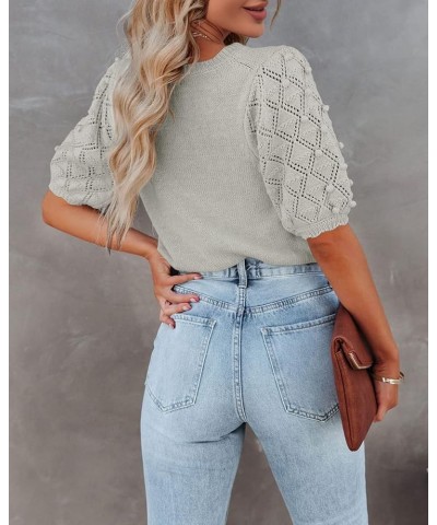 Women's Puff Short Sleeve Sweater Tops Spring Crew Neck Dot Knit Lightweight Pullover Shirt Grey $20.73 Sweaters