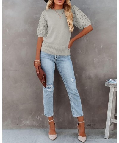 Women's Puff Short Sleeve Sweater Tops Spring Crew Neck Dot Knit Lightweight Pullover Shirt Grey $20.73 Sweaters