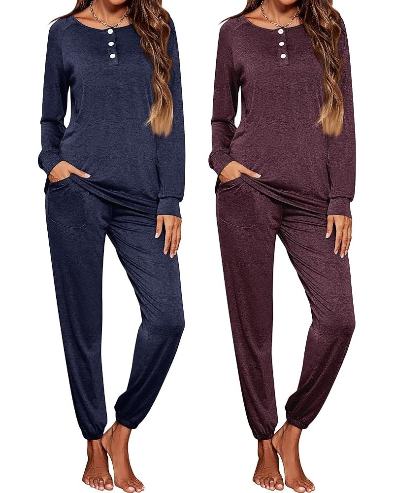 2 Pack Women's 2 Piece Pajamas Set Lounge Sets Button Down Long Sleeve Loungewear Sweatsuit Outfits with Pockets Navy Blue an...