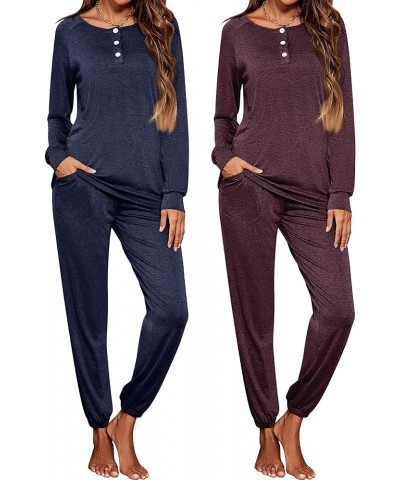 2 Pack Women's 2 Piece Pajamas Set Lounge Sets Button Down Long Sleeve Loungewear Sweatsuit Outfits with Pockets Navy Blue an...