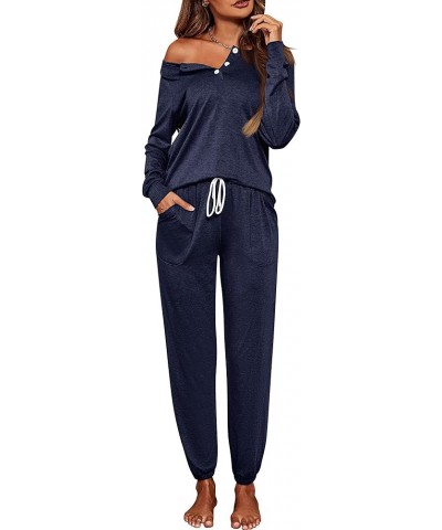 2 Pack Women's 2 Piece Pajamas Set Lounge Sets Button Down Long Sleeve Loungewear Sweatsuit Outfits with Pockets Navy Blue an...