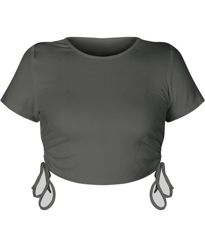 Women's Round Neck Short Sleeve Drawstring Side Slim Fit Stretchy Crop Tops T-shirt Dark Gery $9.22 T-Shirts