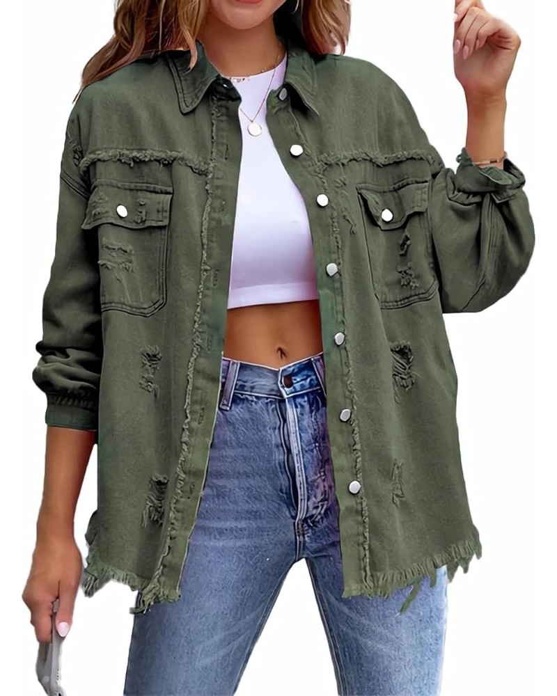 Jean Jacket for Women fashion Denim Ripped Distressed Jacker for Womens Coat Long Sleeve Army Green $15.20 Jackets