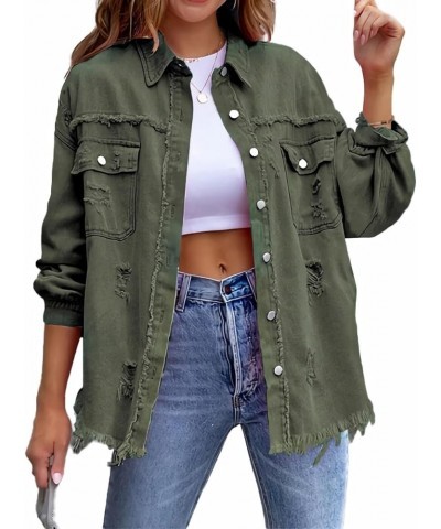 Jean Jacket for Women fashion Denim Ripped Distressed Jacker for Womens Coat Long Sleeve Army Green $15.20 Jackets