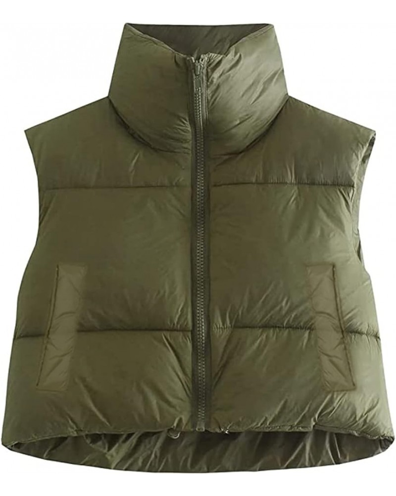 Women Warm Puffer Vest Faux Leather Zipper Cropped Stand Collar Sleeveless Padded Winter Outerwear PU Gilet Jacket B-army Gre...