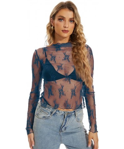 Women See Through Floral Embroidery Long Sleeve T Shirt Sexy Mesh Sheer Mock Neck Layering Lace Tshirt Tee Tops Blue $13.79 Tops