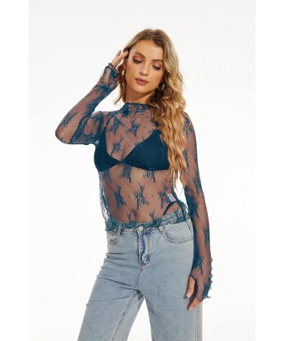 Women See Through Floral Embroidery Long Sleeve T Shirt Sexy Mesh Sheer Mock Neck Layering Lace Tshirt Tee Tops Blue $13.79 Tops