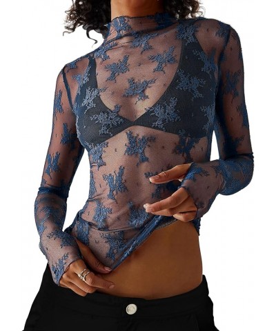 Women See Through Floral Embroidery Long Sleeve T Shirt Sexy Mesh Sheer Mock Neck Layering Lace Tshirt Tee Tops Blue $13.79 Tops