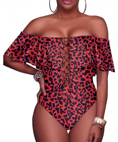 Women Sexy One Piece Swimsuit Ruffled Off Shoulder Lace Up Bathing Suit Red Leopard $17.84 Swimsuits