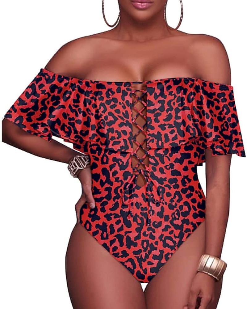 Women Sexy One Piece Swimsuit Ruffled Off Shoulder Lace Up Bathing Suit Red Leopard $17.84 Swimsuits