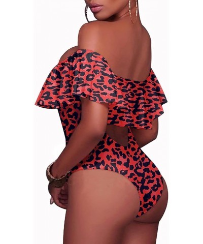 Women Sexy One Piece Swimsuit Ruffled Off Shoulder Lace Up Bathing Suit Red Leopard $17.84 Swimsuits