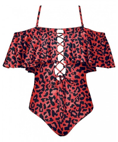 Women Sexy One Piece Swimsuit Ruffled Off Shoulder Lace Up Bathing Suit Red Leopard $17.84 Swimsuits