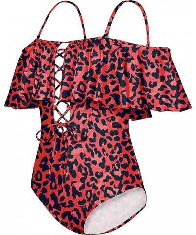 Women Sexy One Piece Swimsuit Ruffled Off Shoulder Lace Up Bathing Suit Red Leopard $17.84 Swimsuits