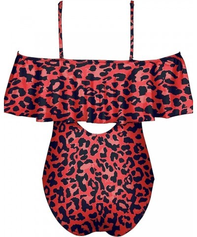 Women Sexy One Piece Swimsuit Ruffled Off Shoulder Lace Up Bathing Suit Red Leopard $17.84 Swimsuits