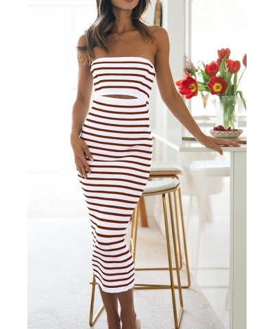 Women's Summer Midi Bodycon Dress Strapless Cut Out Knit Tube Long Fitted Dresses Striped White Brown $19.20 Dresses