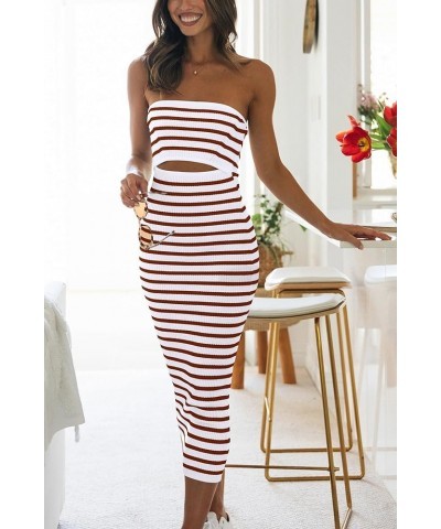 Women's Summer Midi Bodycon Dress Strapless Cut Out Knit Tube Long Fitted Dresses Striped White Brown $19.20 Dresses