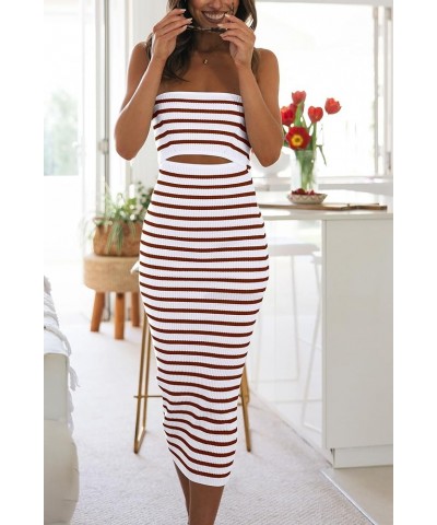 Women's Summer Midi Bodycon Dress Strapless Cut Out Knit Tube Long Fitted Dresses Striped White Brown $19.20 Dresses