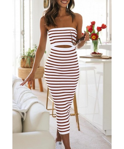 Women's Summer Midi Bodycon Dress Strapless Cut Out Knit Tube Long Fitted Dresses Striped White Brown $19.20 Dresses