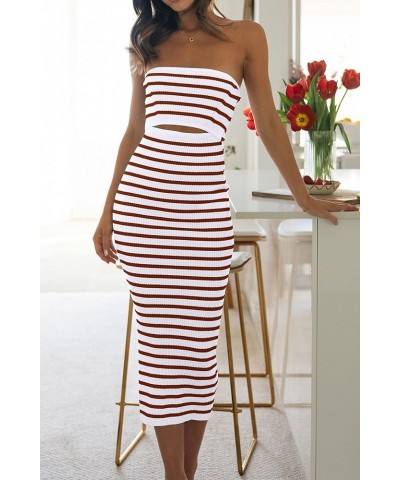 Women's Summer Midi Bodycon Dress Strapless Cut Out Knit Tube Long Fitted Dresses Striped White Brown $19.20 Dresses