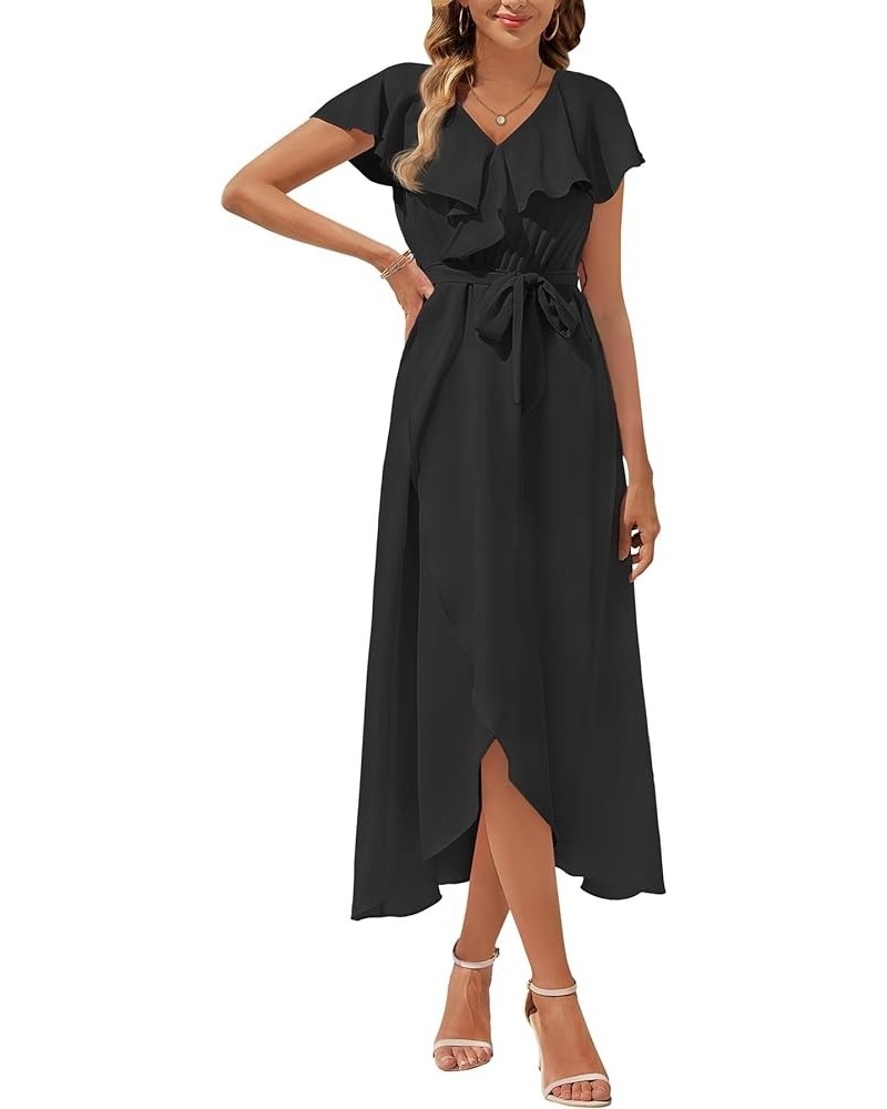 Women's V Neck Summer Dresses 2024 Ruffle Short Sleeve Formal Wedding Guest Bridesmaid Cocktail Party Maxi Dress Black $20.99...