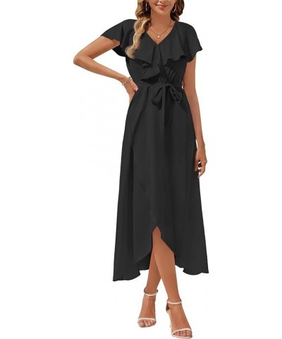 Women's V Neck Summer Dresses 2024 Ruffle Short Sleeve Formal Wedding Guest Bridesmaid Cocktail Party Maxi Dress Black $20.99...