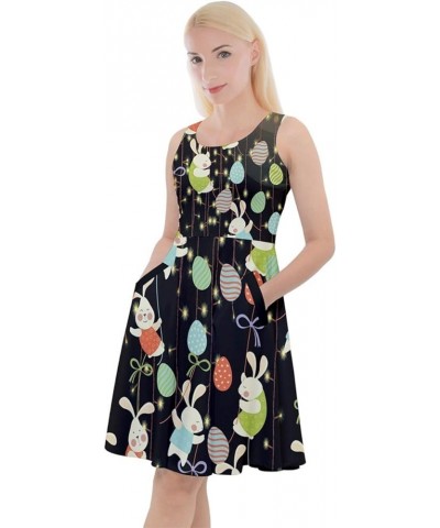 Womens Easter Festival Colorful Eggs Rabbits Chicks Knee Length Skater Dress with Pocket, XS-5XL Lights Black $16.31 Dresses