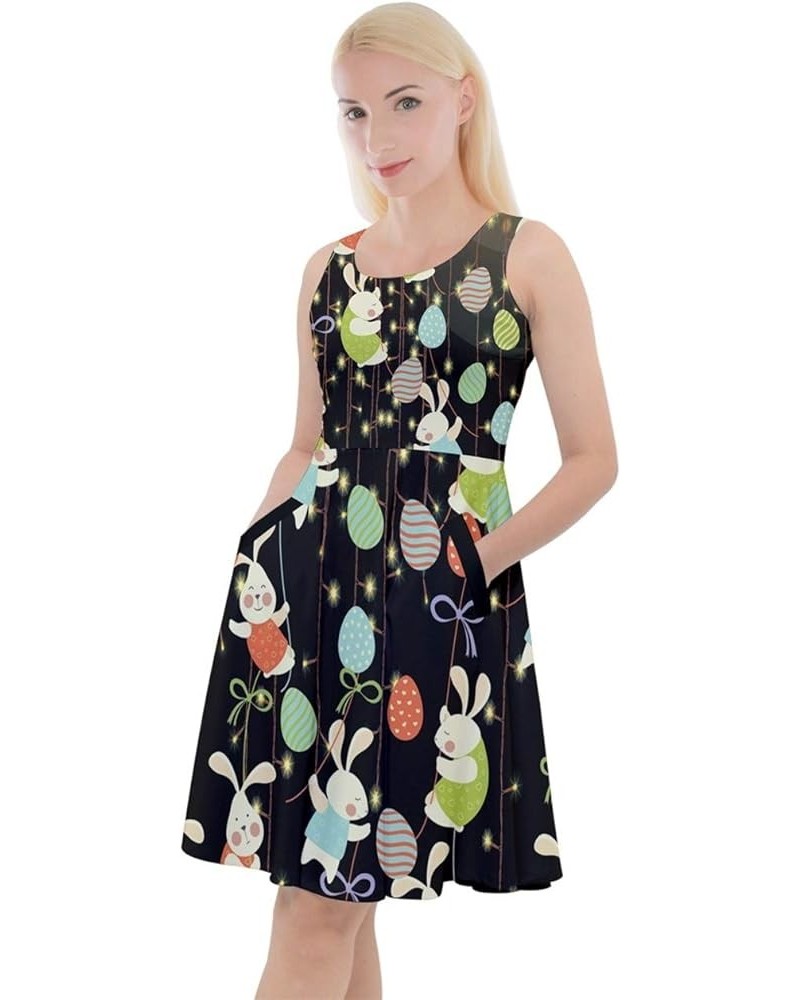 Womens Easter Festival Colorful Eggs Rabbits Chicks Knee Length Skater Dress with Pocket, XS-5XL Lights Black $16.31 Dresses