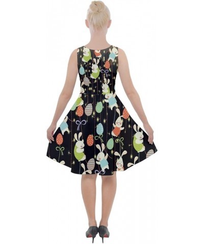 Womens Easter Festival Colorful Eggs Rabbits Chicks Knee Length Skater Dress with Pocket, XS-5XL Lights Black $16.31 Dresses