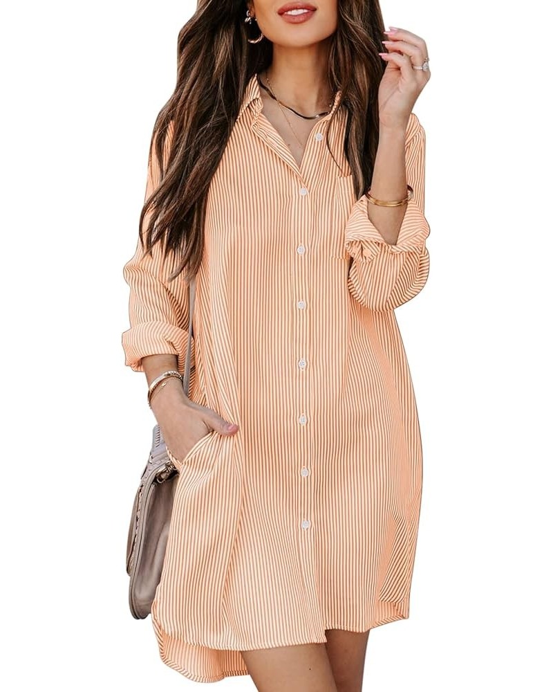 Womens Button Down Shirt Dresses with Pockets Cotton Striped Shirts Collared Tunics Long Sleeve High Low Blouse Tops Orange_s...