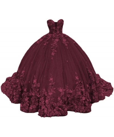 Women's Sweetheart Quinceanera Dresses Ball Gowns 3D Flowers Lace Prom Dress Strapless Tulle Sweet 15 16 Dress XY071 Burgundy...