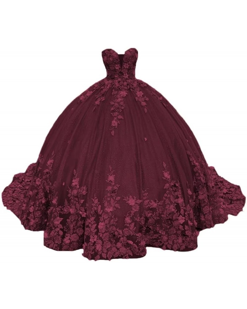 Women's Sweetheart Quinceanera Dresses Ball Gowns 3D Flowers Lace Prom Dress Strapless Tulle Sweet 15 16 Dress XY071 Burgundy...