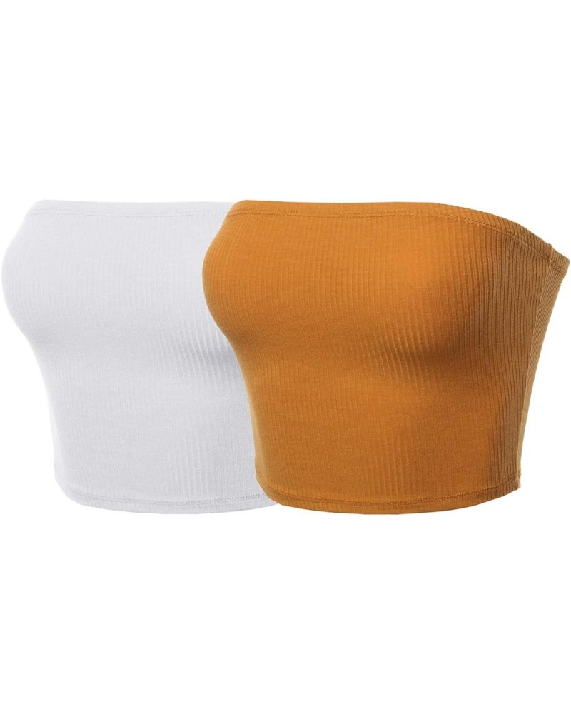 Women's Fitted Solid Cotton Based Strapless Double Layered Crop Tube Top Fewtkv0056 White/Mustard $13.91 Tanks