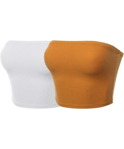 Women's Fitted Solid Cotton Based Strapless Double Layered Crop Tube Top Fewtkv0056 White/Mustard $13.91 Tanks