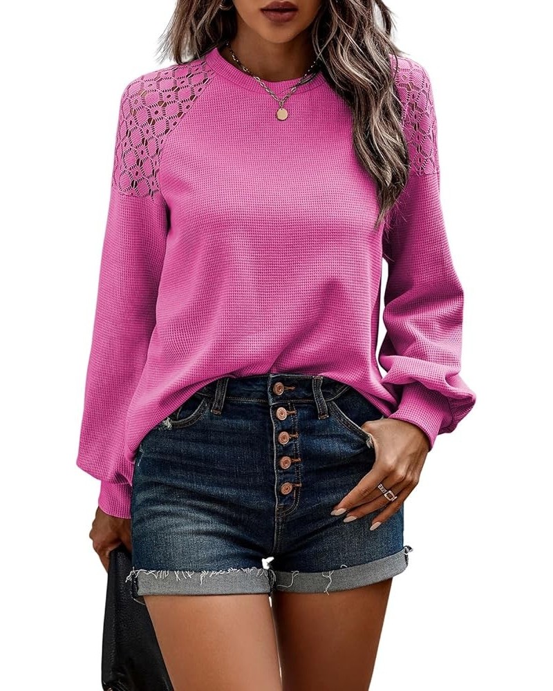 Women's Crochet Lace Waffle Knit Sweater Crewneck Long Sleeve Casual Loose Tops 06 Rose Red $12.50 Sweaters