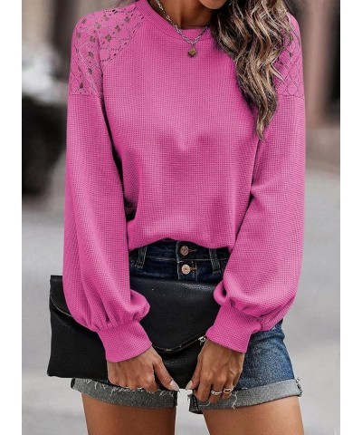 Women's Crochet Lace Waffle Knit Sweater Crewneck Long Sleeve Casual Loose Tops 06 Rose Red $12.50 Sweaters