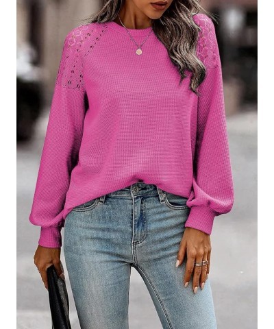 Women's Crochet Lace Waffle Knit Sweater Crewneck Long Sleeve Casual Loose Tops 06 Rose Red $12.50 Sweaters