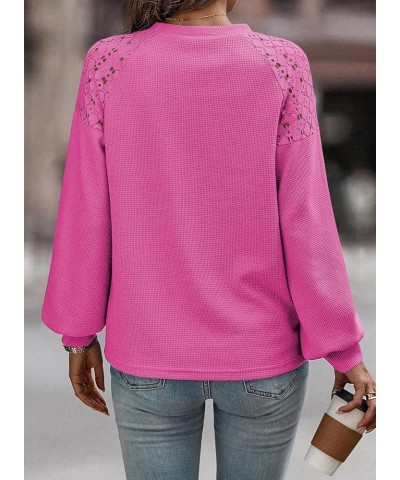 Women's Crochet Lace Waffle Knit Sweater Crewneck Long Sleeve Casual Loose Tops 06 Rose Red $12.50 Sweaters