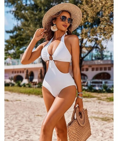 Women's One Piece Swimsuits Tummy Control O Ring Cutout High Waisted Bathing Suit Tie Back Swimwear S-XXL White $17.66 Swimsuits