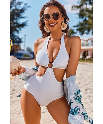 Women's One Piece Swimsuits Tummy Control O Ring Cutout High Waisted Bathing Suit Tie Back Swimwear S-XXL White $17.66 Swimsuits