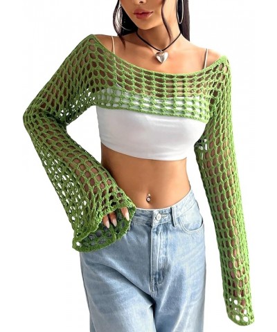 Women's Knitted Long Sleeve Super Crop Sweater Round Neck Drop Shoulder Pullover Top Green $13.49 Sweaters