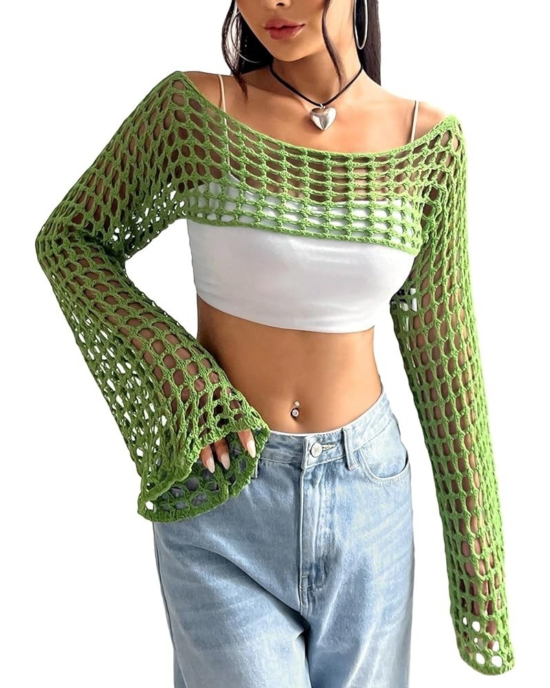 Women's Knitted Long Sleeve Super Crop Sweater Round Neck Drop Shoulder Pullover Top Green $13.49 Sweaters