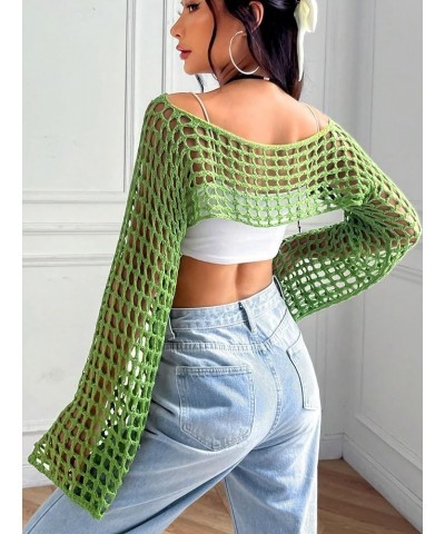 Women's Knitted Long Sleeve Super Crop Sweater Round Neck Drop Shoulder Pullover Top Green $13.49 Sweaters