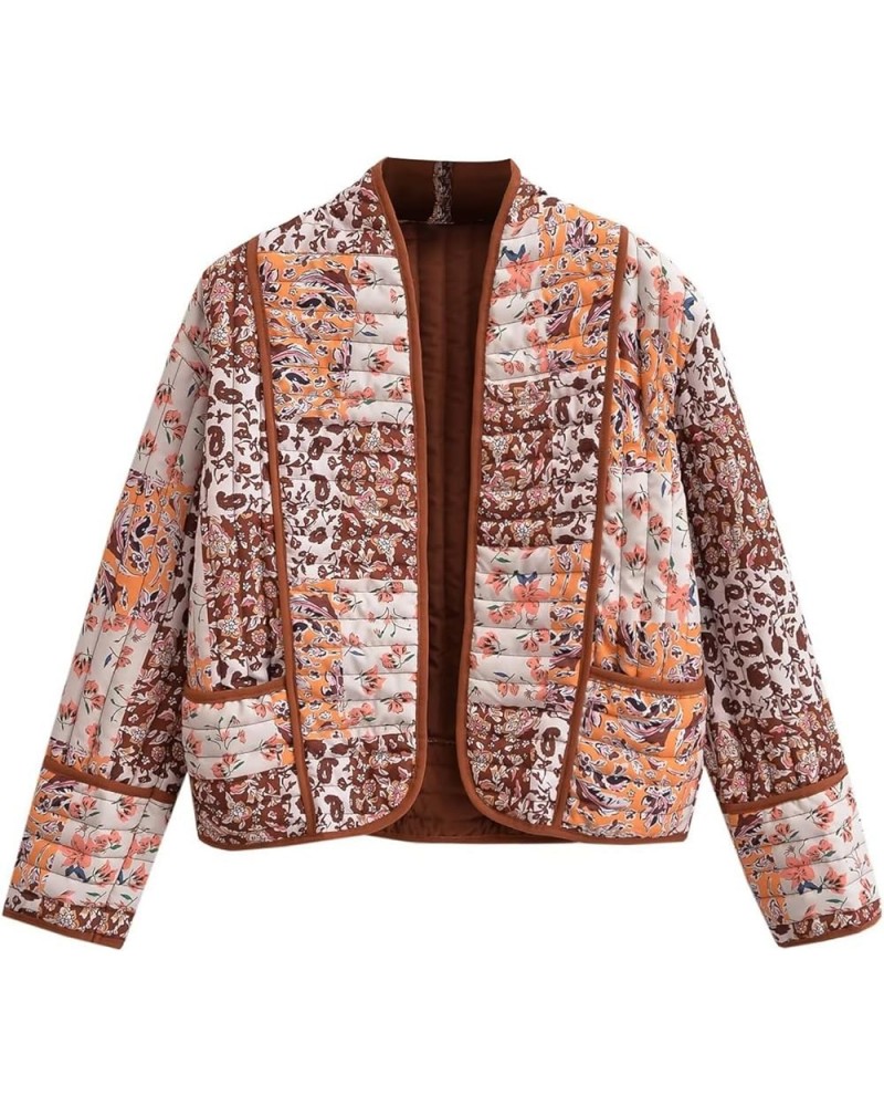 Women's Cropped Puffer Quilted Jacket Cardigan Floral Printed Lightweight Long Sleeve Open Front Short Padded Coats 03brown $...