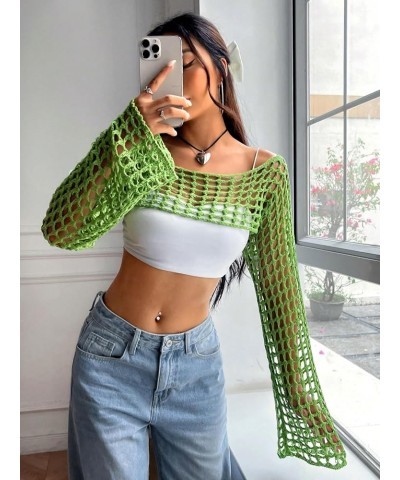 Women's Knitted Long Sleeve Super Crop Sweater Round Neck Drop Shoulder Pullover Top Green $13.49 Sweaters