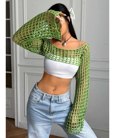 Women's Knitted Long Sleeve Super Crop Sweater Round Neck Drop Shoulder Pullover Top Green $13.49 Sweaters