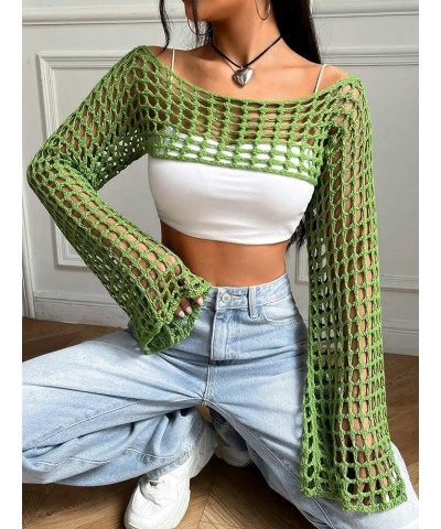 Women's Knitted Long Sleeve Super Crop Sweater Round Neck Drop Shoulder Pullover Top Green $13.49 Sweaters