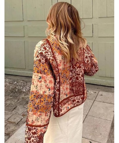 Women's Cropped Puffer Quilted Jacket Cardigan Floral Printed Lightweight Long Sleeve Open Front Short Padded Coats 03brown $...